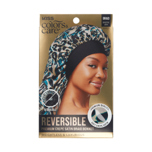 Kiss Colors & Care Crepe Satin Reversible Braid Bonnet - Exotic Leopard | Silk Bonnet. Sleep Bonnet. 24in Long. Hair Accessories