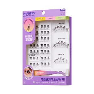 Impress Falsies Pre-Glued Individual False Eyelashes Starter Kit | 60 Lash Clusters. With Applicator. 8mm-14mm