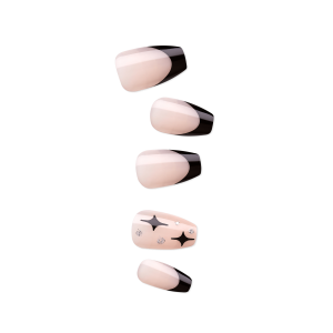 Impress Design No Glue Fake Press On Nails - For the Night | French Design. Black. Medium. Coffin. Manicure