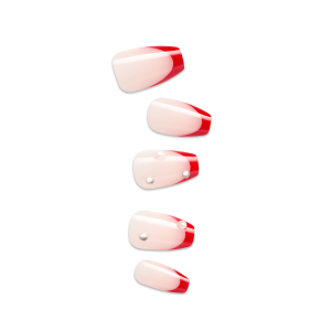 Impress Design No Glue Fake Press On Nails - Happy World | 3D & Jewel French. Red. Medium. Coffin. Manicure